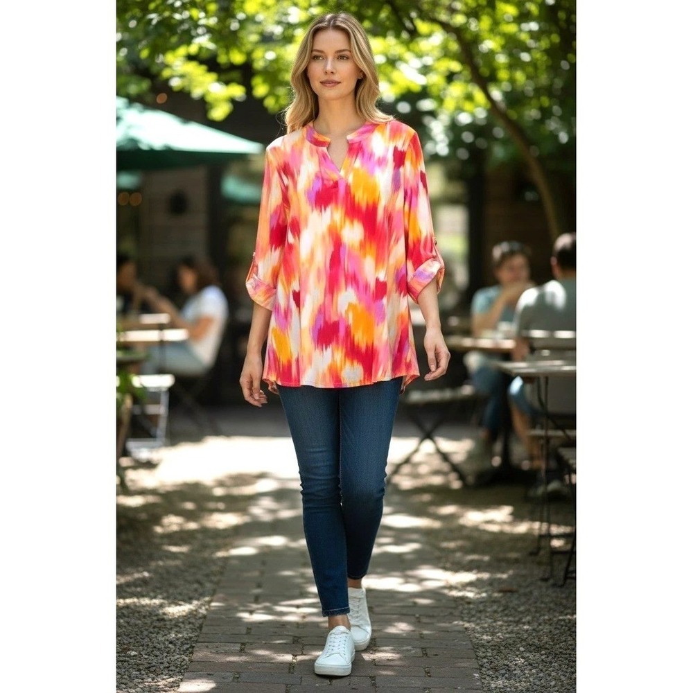 Dear Scarlett Lizzy Top Watercolor Tunic‎ Top Orange Pink Size 2X